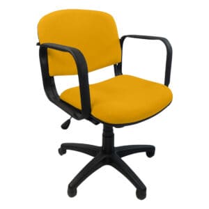 Silla de oficina amarilla con respaldo y brazos, ideal para espacios de trabajo modernos y confortab.