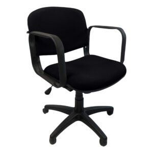 Silla de oficina negra con respaldo y asiento acolchonados, ideal para espacios de trabajo y oficina.