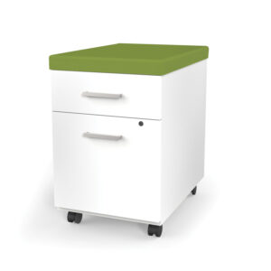 Mesa de oficina con cajones y ruedas, color blanco y tapa verde para espacios laborales.