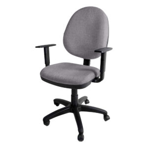 Silla de oficina ergonómica gris con respaldo y brazos ajustables, ideal para espacios de trabajo y.