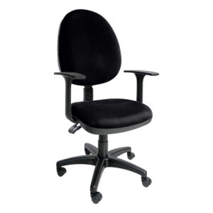 Silla de oficina ergonómica negra con respaldo y ruedas para oficina moderna.