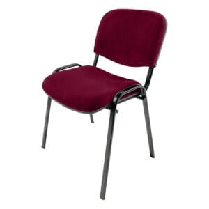 Silla de oficina con respaldo acolchado en color burdeos y estructura metálica negra, ideal para esp.