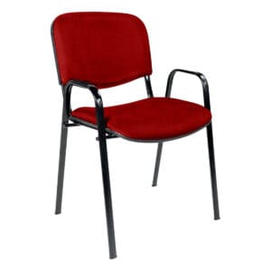Silla de oficina con respaldo rojo y estructura metálica negra, ideal para espacios laborales y de r.