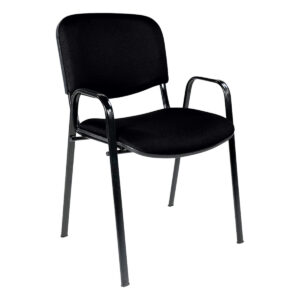 Silla de oficina negra con brazos y estructura metálica para espacios laborales y reuniones.
