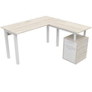 Escritorio de oficina en forma de L con cajonera y espacio de trabajo amplio.