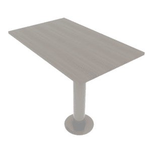 Mesa de oficina moderna con superficie de madera clara y base metálica para espacios de trabajo.