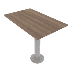 Mesa de oficina moderna con superficie de madera y base metálica sólida.
