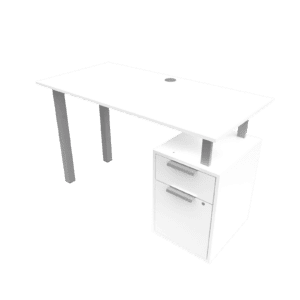 Escritorio de oficina blanco con cajonera y espacio para computadora.