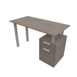 Mesa de oficina moderna con cajonera y cable de alimentación para espacios de trabajo.