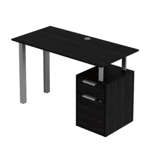 Escritorio de oficina moderno con cajonera negra y superficie de trabajo espaciosa. Ideal para espac.
