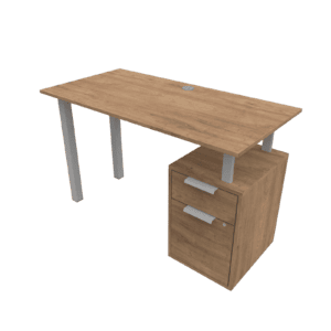 Mesa de oficina moderna con cajonera y cable de alimentación para espacios de trabajo.