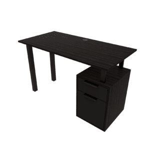 Escritorio de oficina negro con cajonera moderna y funcional.