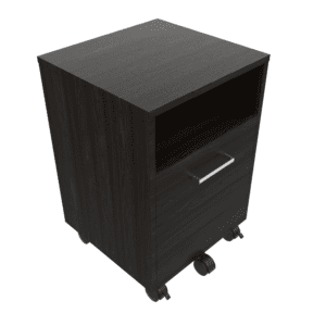 Mueble de oficina negro con cajón y ruedas para movilidad fácil.