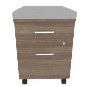Mueble de oficina con ruedas y cajones de madera para almacenamiento y organización.
