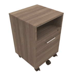 Mueble de oficina móvil con ruedas y compartimento de almacenamiento en madera.