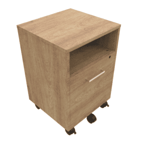 Mueble de oficina de madera con ruedas y espacio para almacenamiento y documentos.