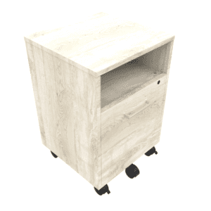 Mueble de oficina en madera clara con ruedas, ideal para almacenamiento y organización en espacios d.