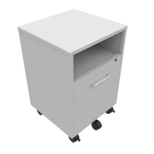 Mueble de oficina móvil con ruedas y compartimento para documentos y objetos.