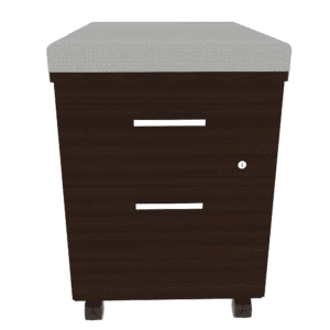 Cajonera de oficina moderna en color madera oscura con ruedas y cerradura para almacenamiento seguro.