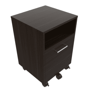 Mesa de oficina con ruedas y cajón en madera oscura para espacio de trabajo eficiente.