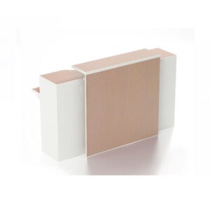 Mueble de oficina modular compacto en blanco y madera clara, ideal para espacios de trabajo modernos.