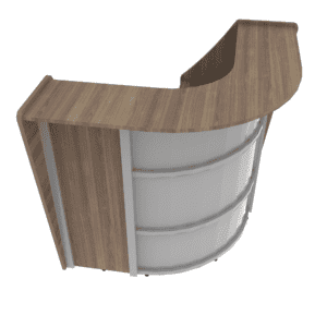 Mesa de recepción curva de oficina con acabado en madera y almacenamiento en blanco.