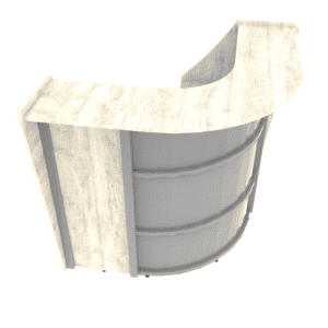 Mostrador de recepción curvo para oficina con estructura de madera clara y paneles de vidrio, ideal.