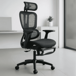 Silla de oficina ergonómica con respaldo ajustable y ruedas para comodidad y movilidad.
