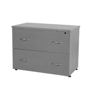 Mueble de oficina con cajones gris oscuro para almacenamiento y organización en espacios laborales.