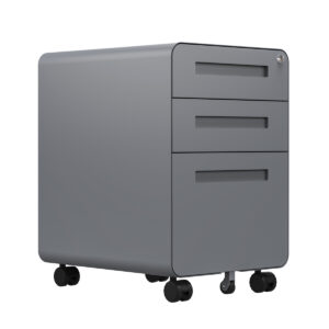 Cajonera móvil gris para oficina con 3 cajones y ruedas, almacenamiento compacto y funcional.