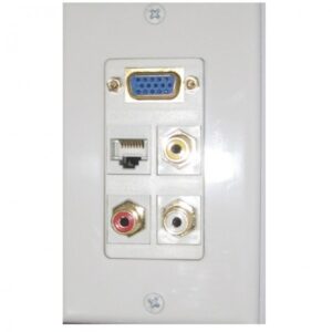Conector de video VGA, entrada de red Ethernet y puertos de audio en pared.