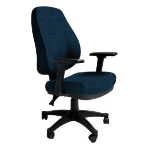 Silla de oficina ergonómica azul para trabajo cómodo y saludable.