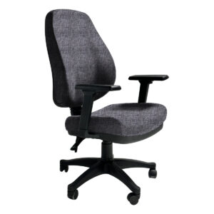 Silla de oficina ergonómica con respaldo y asiento acolchonados en gris, ideal para espacios de trab.