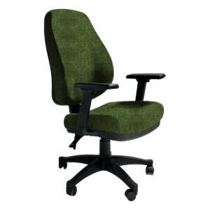 Silla de oficina ergonómica en color verde con respaldo ajustable y ruedas para comodidad y movilida.