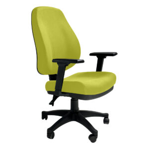 Silla de oficina ergonómica con respaldo y asiento acolchonados en color verde limón, ideal para esp.