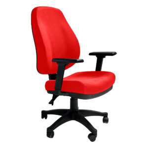 Silla de oficina ergonómica en color rojo con soporte ajustable y ruedas para comodidad en espacios.