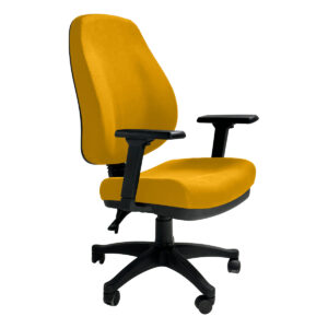 Silla de oficina amarilla ergonómica con soporte ajustable y ruedas para un trabajo cómodo y eficien.
