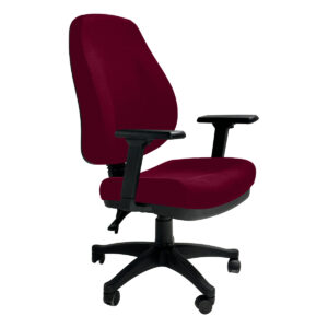 Silla de oficina ergonómica roja con respaldo alto y ruedas, ideal para espacios de trabajo y oficin.