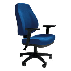 Silla de oficina ergonómica azul con soporte lumbar y ruedas para un trabajo cómodo y eficiente. Ide.