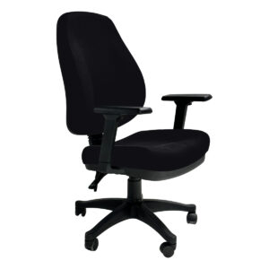 Silla de oficina ergonómica negra con soporte lumbar y ruedas, ideal para espacios de trabajo en cas.