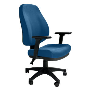 Silla de oficina ergonómica azul con soporte lumbar y ruedas para un trabajo cómodo y eficiente. Ide.