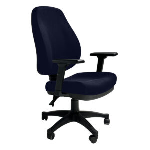 Silla de oficina ergonómica azul con soporte lumbar y ruedas para un trabajo cómodo y eficiente. Ide.