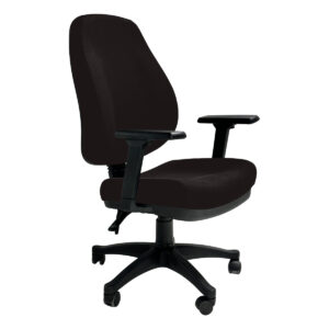 Silla de oficina ergonómica negra con respaldo y ruedas para trabajo cómodo y productivo.