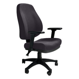 Silla de oficina ergonómica negra con respaldo y ruedas para oficina moderna.