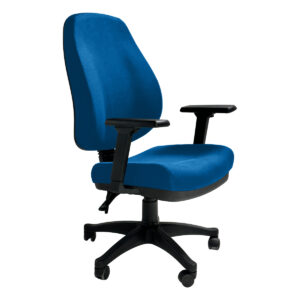Silla de oficina ajustable y cómoda en color azul para espacios laborales. Ideal para mejorar la pos.