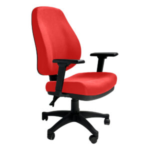 Silla de oficina ergonómica roja con respaldo y ruedas para comodidad y movilidad. Ideal para espaci.