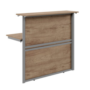 Mesa de oficina con superficie de madera y estructura metálica resistente.
