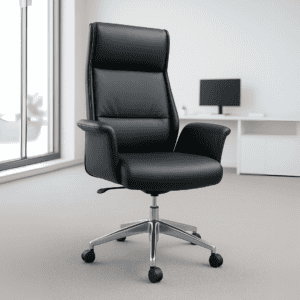 Silla de oficina ergonómica negra con soporte lumbar y ruedas para un trabajo cómodo y eficiente. Id.
