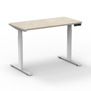 Escritorio de oficina ajustable con superficie de madera y base metálica moderna. Ideal para espacio.