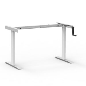 Mesa de oficina ajustable con control manual para mejorar la postura y productividad.